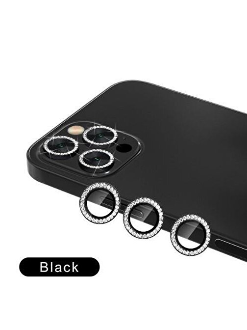Binano iPhone 11 Pro - Max - 12 Pro Taşlı Kamera Lens Koruyucu Siyah