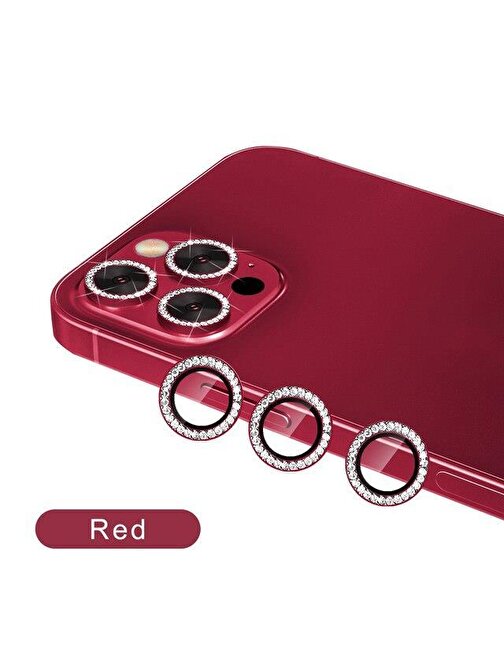Bipower Binano iPhone 12 Pro Max Taşlı Kamera Lens Koruyucu Kırmızı