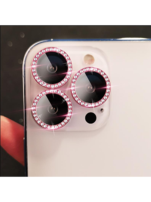 Binano iPhone 11 Pro - Max - 12 Pro Taşlı Kamera Lens Koruyucu Pembe