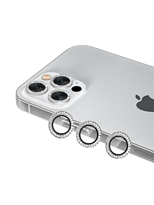 Bipower Binano iPhone 12 Pro Max Taşlı Kamera Lens Koruyucu Gümüş
