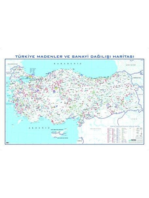 TÜRKİYE MADENLER VE SANAYİ DAĞILIŞI HARİTASI 80X135 CM