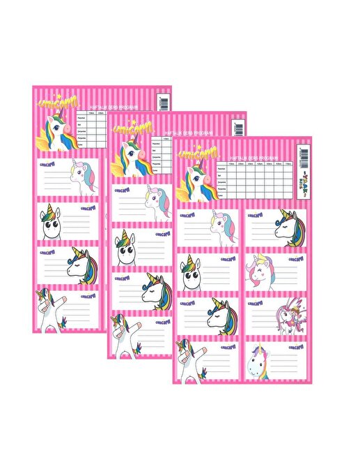 Okul Etiketi Kız Unicorn 8 li 3 Yaprak Ders Programlı 1 Paket