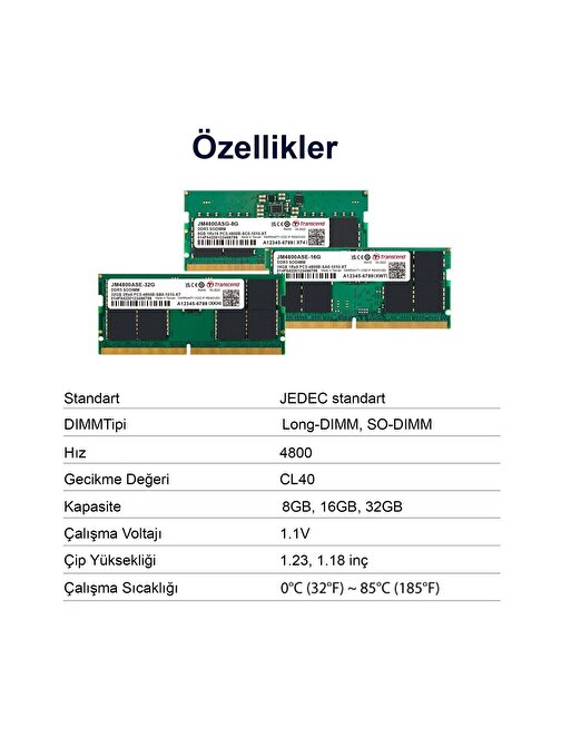 Transcend JM4800ASG-8G 8 GB CL40 DDR5 1X8 4800 Mhz Ram