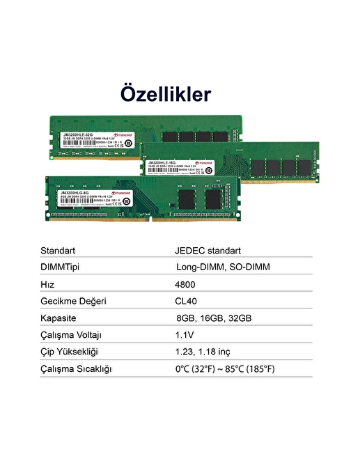 Transcend JM4800ALE-32G 32 GB CL40 DDR5 1X32 4800 Mhz Ram