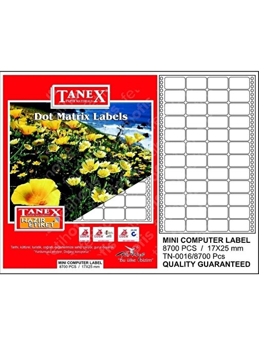 Bilgisayar Etiketi Tn-0016 17X25 Mm 100 Lü Lazer Etiket 1 Paket Tanex Davetiye Kargo Etiketi