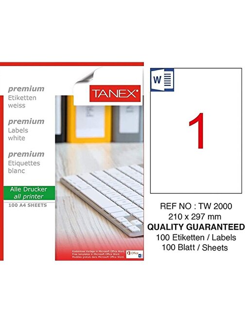 Bilgisayar Etiketi Tw-2000 210X297 Mm 100 Lü Lazer Etiket 1 Paket Tanex Davetiye Kargo Etiketi