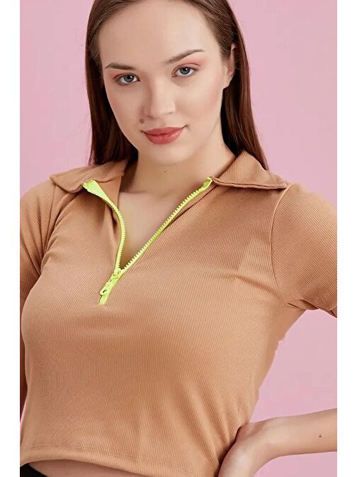 Polo Yaka Neon Fermuarlı Kaşkorse Bluz