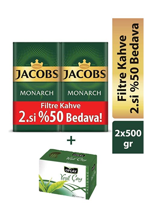 Jacobs Monarch Filtre Kahve 2 x 500 gr + Ofçay Halisane Yeşil Çay