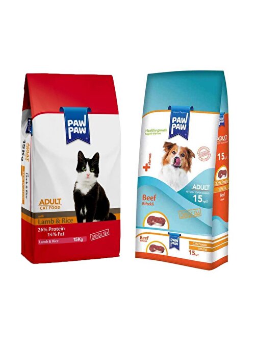 Paw Paw Kuzulu Ve Pirinçli Yetişkin Kedi Maması 15 Kg + Biftekli Yetişkin Köpek Maması 15 Kg