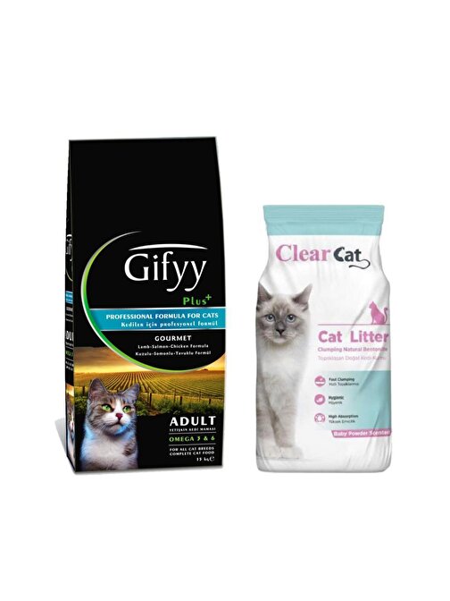 Gifyy Plus Gourmet Kuzu Ve Somonlu Yetişkin Kedi Maması 15 Kg + Clear Cat Pudralı Topaklanan Doğal Bentonit Kedi Kumu İnce 10 Kg 2 Adet