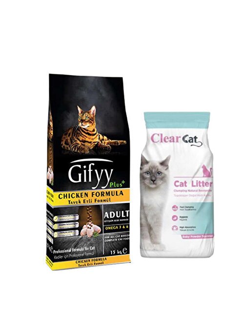 Gifyy Tavuklu Kedi Maması 15 Kg +Clear Cat Pudralı Topak Bentonit Kedi Kumu İnce 10 Kg 2 Adet
