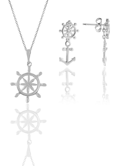 Gümüş Rodyumlu denizci dümeni kolye ve küpe ikili set SGTL11670RODAJ
