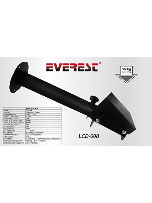 Everest LCD - 608 Tavan Tv Monitör Askı Aparatı 10 - 24 inç