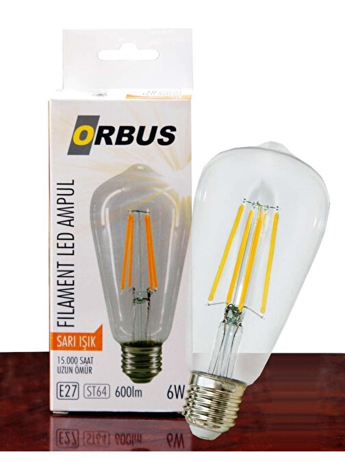 Orbus ORB-STM6W ST64 6W E27 Beyaz Cam Sarı Işık Dekoratif 540 Lm Led Ampul Ra80 220-240V-50Hz