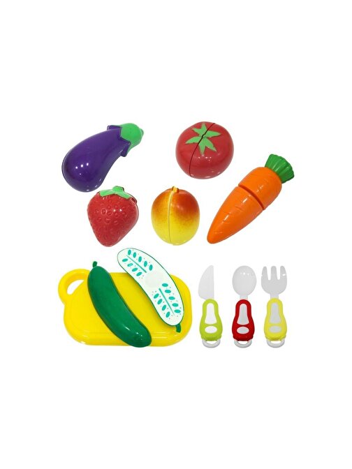 Birlik Oyuncak Plastik Çatal Bıçak Kesim Tahtası ve Meyve Sebzeler 16 Parça Çok Renkli