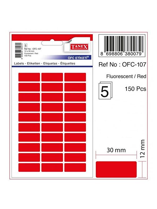 Tanex Ofis Etiketi Poşetli 12x30 MM Fosforlu Kırmızı OFC-107