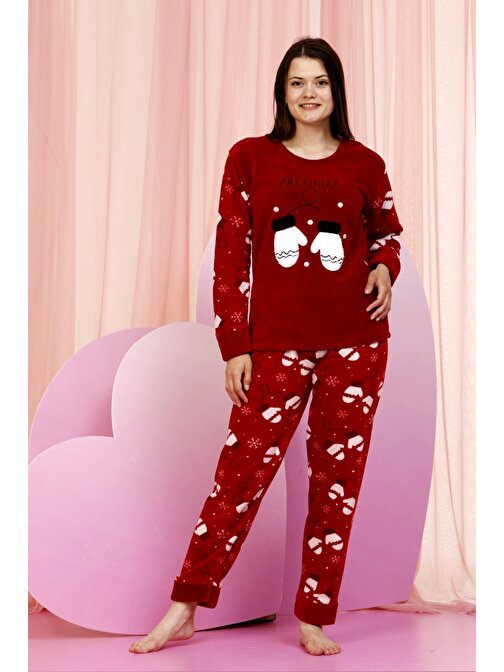 Kışlık Uzun Kollu Bayan Peluş Polar Pijama Takımı İpeksi Doku