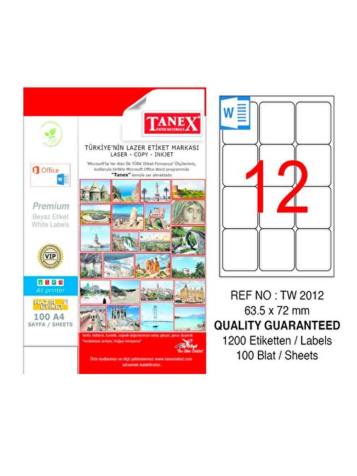 Tanex 63,5X72 Mm Laser Etiket 100 Adet Tw-2000 Tw-2012