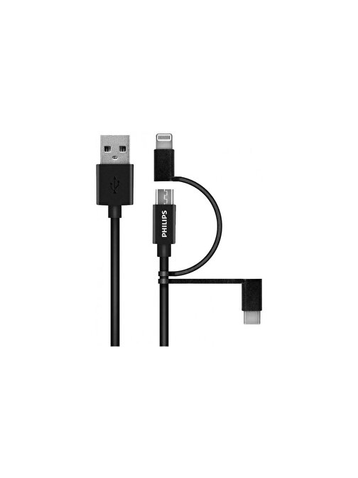 Philips Apple DLC3104T MFI Lisanslı 3in1 Lightning - Micro USB - Type-C Hızlı Şarj Data Kablosu 1.2 m Siyah