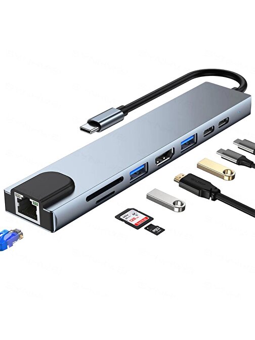 Winex 8in1 USB Type-C Hub Port Adaptör HDMI USB Ethernet 100W PD Girişli
