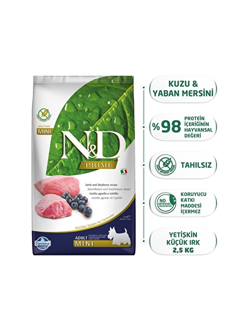 N&D Kuzu Etli Ve Yaban Mersinli Küçük Irk Tahılsız Yetişkin Köpek Maması 2.5Kg