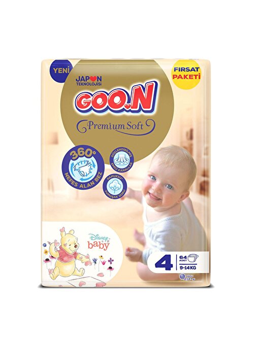Goon Premium Soft 9 - 14 kg 4 Numara Fırsat Paketi Bebek Bezi 64 Adet