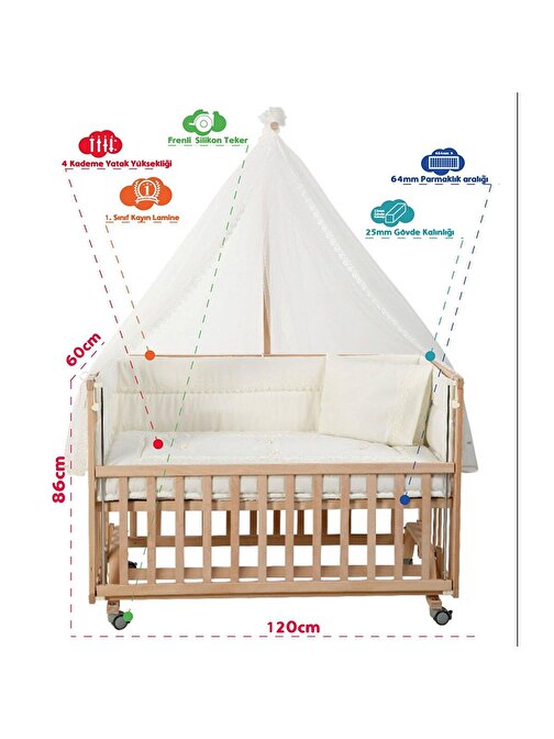 Baby Plus Asansörlü Hareketli Sabitlenebilir Dikdörtgen Doğal Ahşap Anne Yanı Beşik 60x120 cm