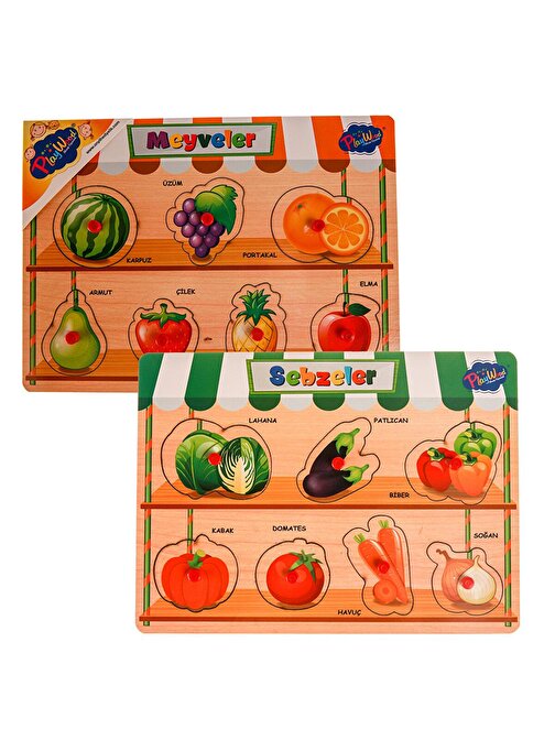 Playwood Eğitici Tutmalı Meyveler Ve Sebzeler Doğal Ahşap Puzzle 2'li