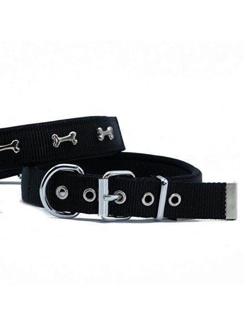 Doggie Comfort Metal Kemik İşlemeli Köpek Boyun Tasması M 2.5X37-45cm Siyah