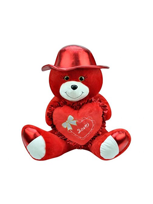 Hilalshop Şapkalı Ayı 40 Cm Kırmızı Kalpli Pelüş Ayı Sevgiliye Hediye
