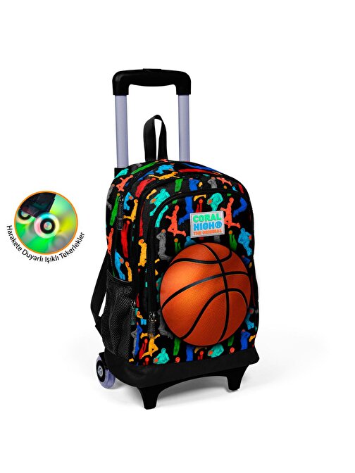 Coral High Kids Su Geçirmez Siyah Basketbol Desenli Üç Bölmeli Işıklı Tekerlekli Çekçekli Okul Sırt Çantası 23377