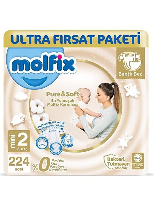 Molfix Pure Soft 3 - 6 kg 2 Numara Ultra Fırsat Paketi Bebek Bezi 224 Adet