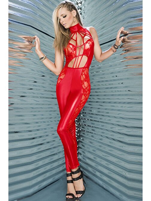 Kadın Harness Deri Kırmızı Gecelik Tulum Fantazi Giyim