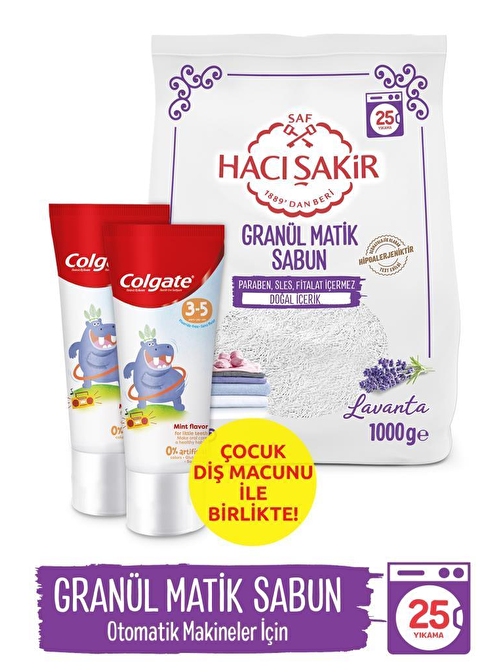 Colgate Florürsüz Çocuk Diş Macunu 60 ml 3-5 Yaş + Hacı Şakir Lavanta granül Matik Sabun 1000 G