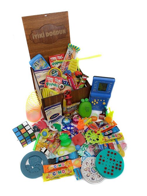 Nostaljik Lezzetler Ahşap gıda ve Oyuncak Kutusu Mavi Tetris İyi ki Doğdun