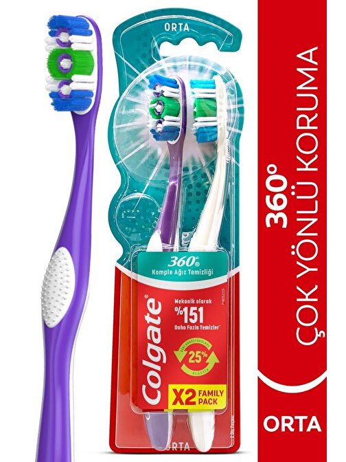 Colgate 360 Komple Ağız Temizliği Çok Yönlü Koruma Orta Diş Fırçası 1+1