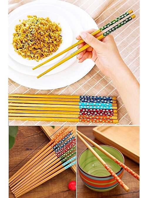 Baskaya Bambu Chopstick Çubuk Yemek Çubuğu Yıkanabilir Tekrar Kullanılabilir 10 Çift- 20 Adet