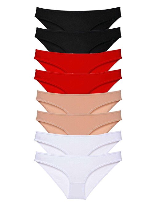 8 adet Süper Eko Set Likralı Kadın Slip Külot Siyah Kırmızı Ten Beyaz