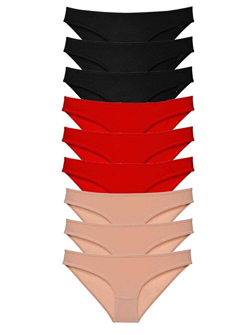 9 adet Süper Eko Set Likralı Kadın Slip Külot Siyah Kırmızı Ten
