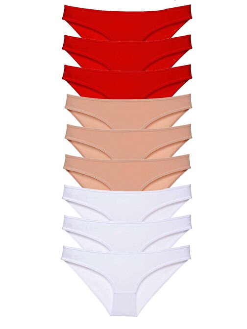9 adet Süper Eko Set Likralı Kadın Slip Külot Kırmızı Ten Beyaz