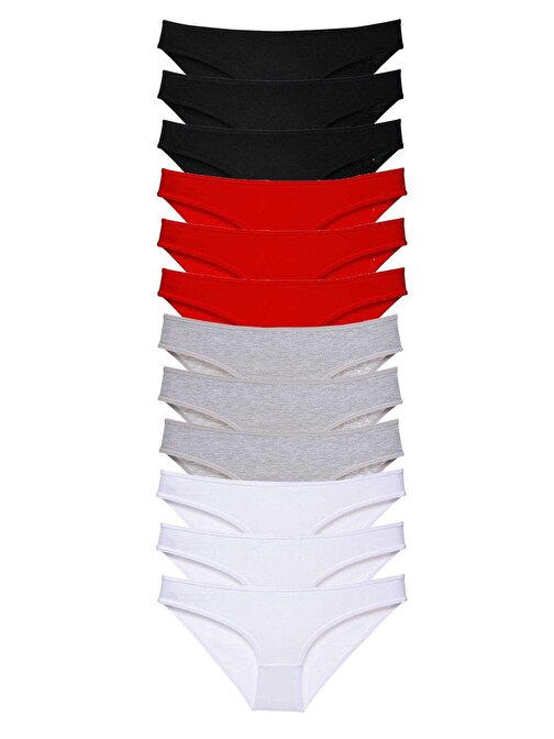 12 adet Süper Eko Set Likralı Kadın Slip Külot Siyah Kırmızı Gri Beyaz