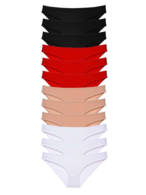 12 adet Süper Eko Set Likralı Kadın Slip Külot Siyah Kırmızı Ten Beyaz