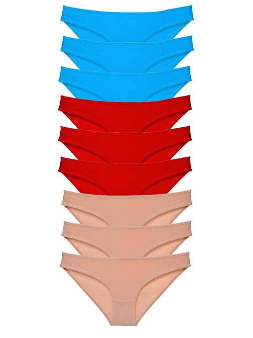 9 adet Süper Eko Set Likralı Kadın Slip Külot Kırmızı Ten Mavi
