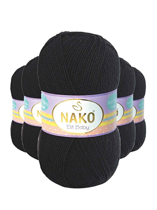 Nako Elite Baby El Örgü İpi Tüylenmeyen Bebek Yünü Siyah 217 5 Adet