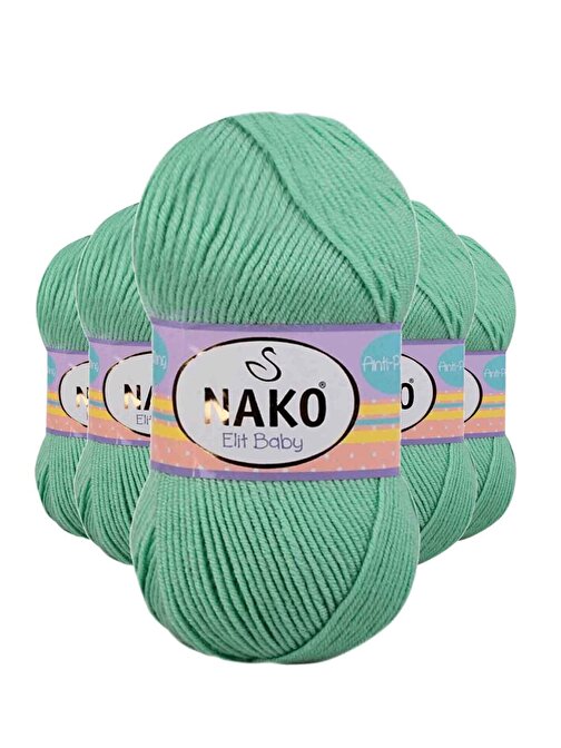 Nako Elite Baby El Örgü İpi Tüylenmeyen Bebek Yünü Siyam Yeşili 10001 5 Adet