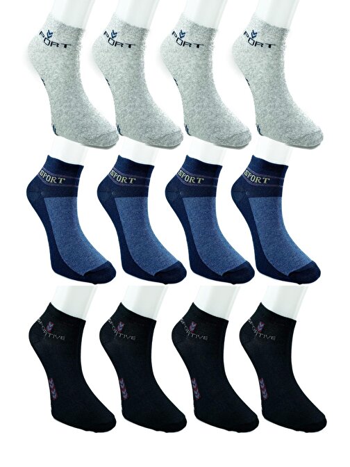 12 Çift Pamuklu Erkek Yazlık Spor Bilek Çorap Siyah Gri Lacivert