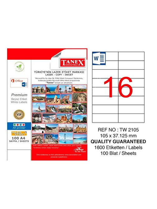 Tanex 105X37,125 Mm Laser Etiket 100 Adet Tw-2105