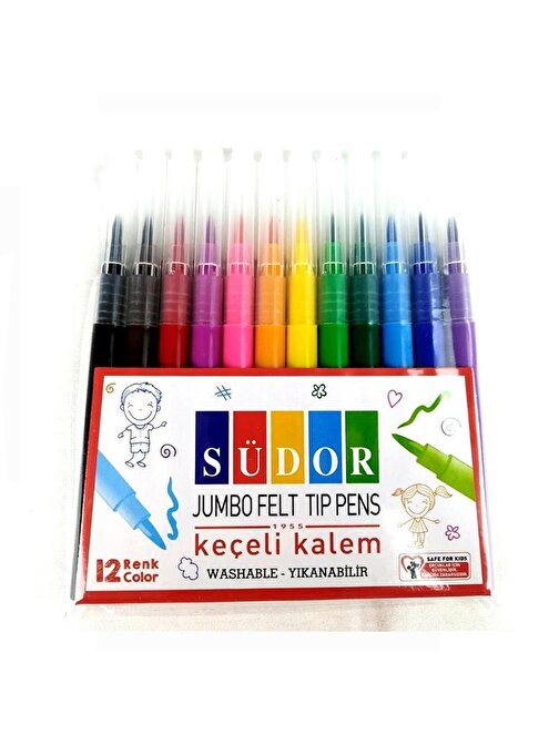 Südor Jumbo Keçeli Boya Kalemi Yıkanabilir12 Renk Keçeli Kalem 12 li
