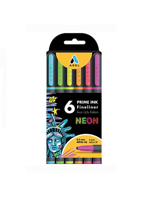 Adel Fineliner 6'lı Neon İnce Uçlu Kalem Prime Ink 6 Renk
