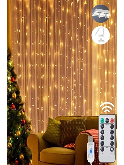 Pazariz Peri Telli Perde Led Işık Kumandalı 300 Ledli 3 X 3 Metre Usb'li 8 Animasyonlu Günışığı